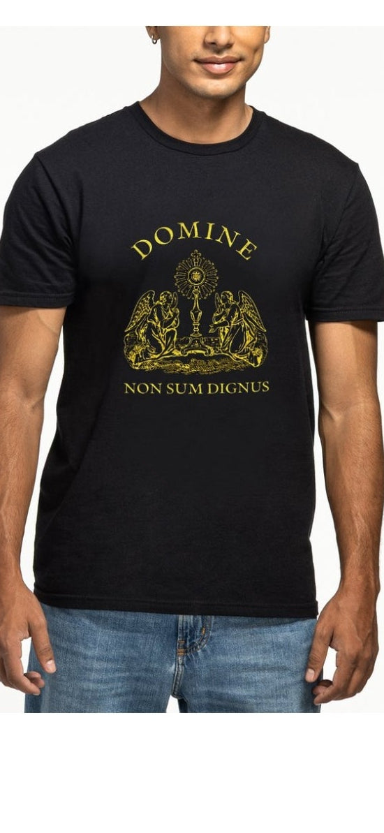 Domine Non Sum Dignus Catholic Latin Scripture Tee – Eucharistic Design